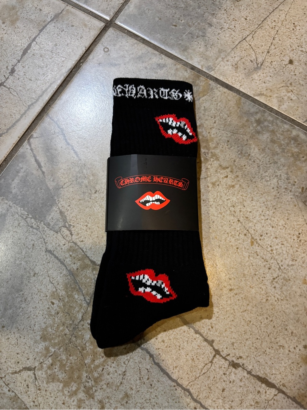 Chrome Hearts Black Crew Socks with Red Lip Graphic